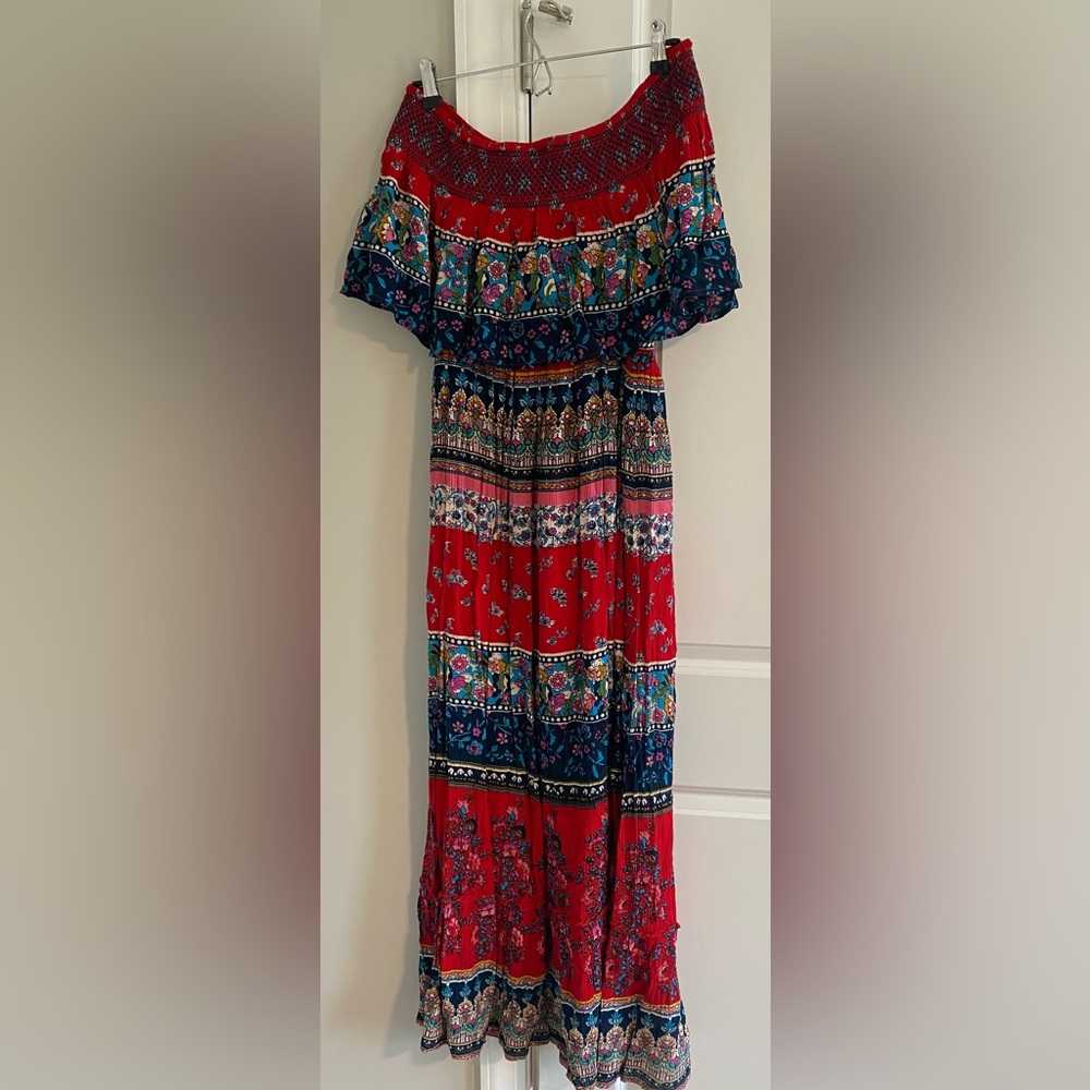 Off-Shoulder Red Floral Maxi Dress